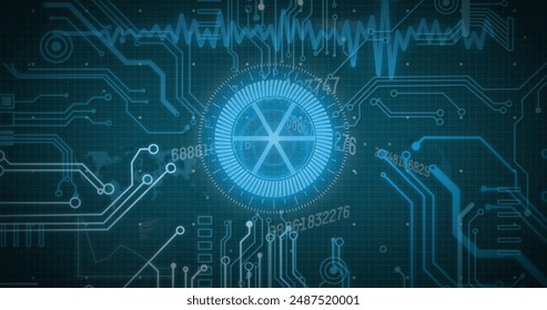 Image of data with hud processing, circles on digital interface. Digital composite, artificial intelligence, communication, cloud computing, technology, coding.