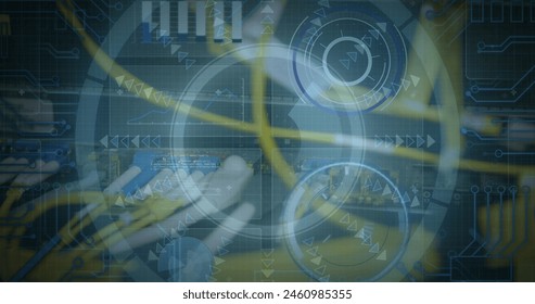 Image of data with hud processing on digital interface against server with wires connected. Digital composite, technology, communication, multiple exposure, progress, connection.