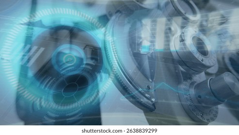 Image of data with hud processing on digital interface against machinery. Digital composite, technology, communication, multiple exposure, coding.