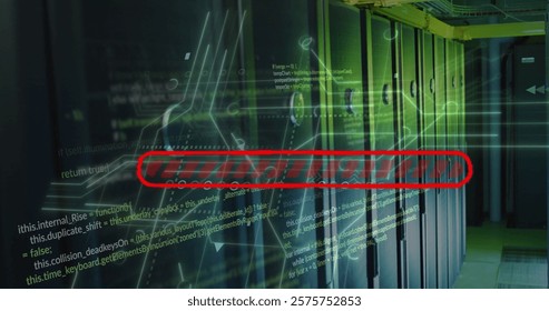 Image of data loading bar and data processing over computer servers. Global cyber security, connections, cloud computing and data processing concept digitally generated image.