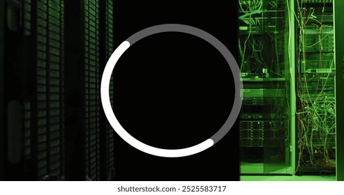 Image of data loading ring processing over server room. Network, data, processing, digital interface and communication, digitally generated image. - Powered by Shutterstock