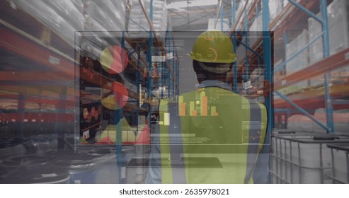 Image of data on digital screen over back view of male warehouse worker. Business, finance, technology and delivery services concept digitally generated image.