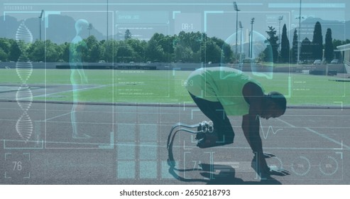 Image of data on digital screen over african american man with running blade training. Sport, active lifestyle with disability and data processing concept digitally generated image. - Powered by Shutterstock - Get 15% off with code: PIKWIZARD15