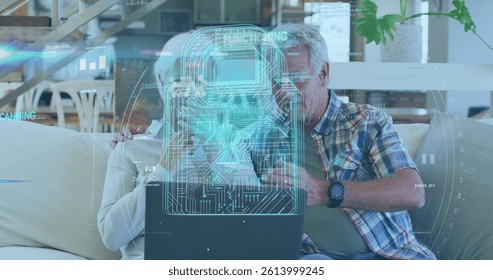Image of data and online security padlock over worried senior caucasian couple using laptop. global connections, digital interface and technology concept digitally generated image.