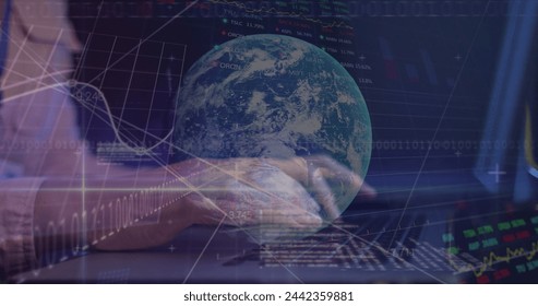 Image of data over caucasian female if technician using computer. online security, data processing, cloud computing concept and technology concept digitally generated image.