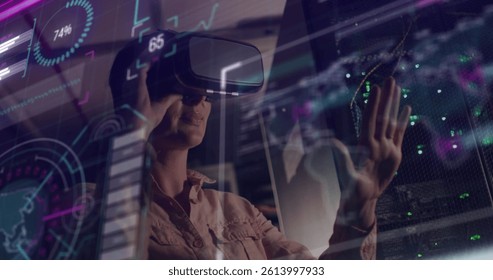 Image of data over caucasian female it engineer with vr headset by computer server. data processing, cloud computing concept and technology concept digitally generated image.