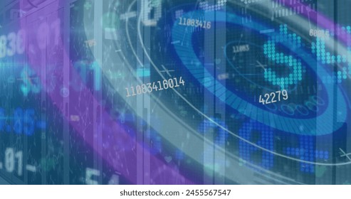 Image of data over circular scanner processing. Global communication, business, data and digital interface concept digitally generated image.
