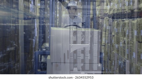 Image of data over male warehouse worker and servers. Business, finance, technology and delivery services concept digitally generated image.