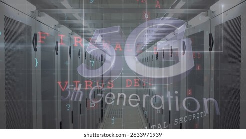Image of data processing and 5g 5th generation text over server room. Global technology, computing and digital interface concept digitally generated image.