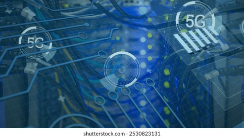 Image of data processing and 5g over computer wires. network, communication, data processing and technology concept digitally generated image.