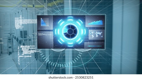 Image of data processing and 5g over servers. network, communication, data processing and technology concept digitally generated image.