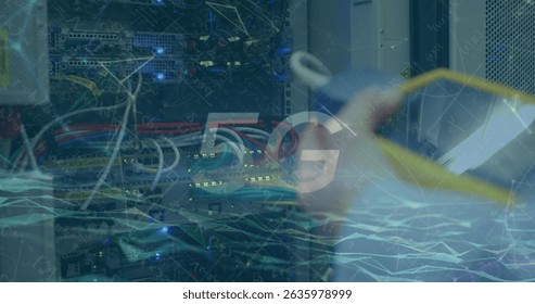 Image of data processing and 5g text over caucasian worker in server room. Global business and digital interface concept digitally generated image.