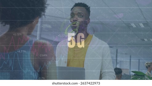 Image of data processing and 5g text over diverse business people in office. Global business and digital interface concept digitally generated image.