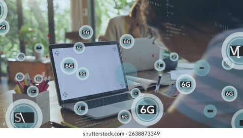 Image of data processing, 6g icons over caucasian girl writing by laptop at desk. Digital composite, multiple exposure, education, speed, modern, e-learning, internet, technology.