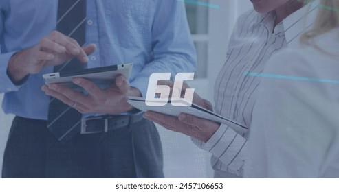 Image of data processing and 6g text over caucasian business people with tablet. Global business and digital interface concept digitally generated image.