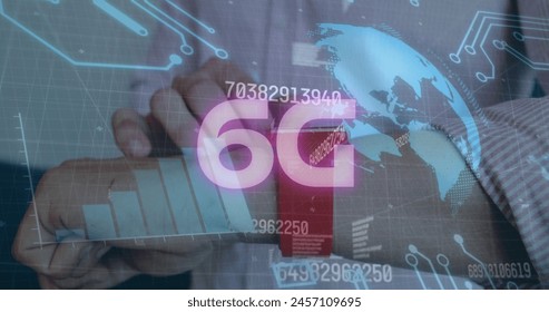 Image of data processing and 6g text over caucasian woman with smartwatch. Global business and digital interface concept digitally generated image.