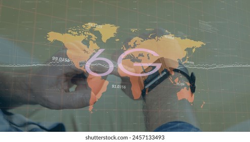 Image of data processing and 6g text over caucasian man with smartwatch. Global business and digital interface concept digitally generated image.