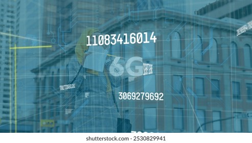 Image of data processing and 6g text over biracial woman eating. Global business and digital interface concept digitally generated image.