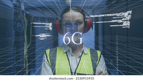 Image of data processing and 6g text over caucasian female it engineer by computer servers. data processing, cloud computing concept and technology concept digitally generated image - Powered by Shutterstock