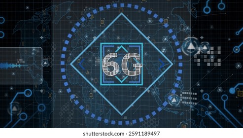 Image of data processing with 6g text over world map on black background. Global technology, computing, connections and digital interface concept digitally generated image.