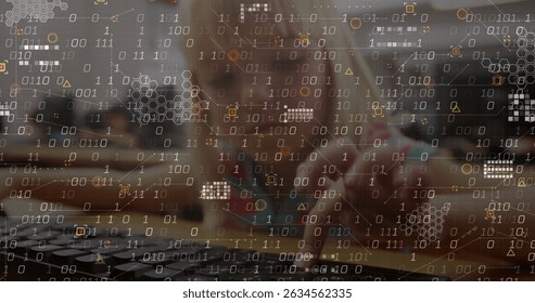 Image of data processing and abstract shapes against caucasian girl using computer at school. School and education technology concept
