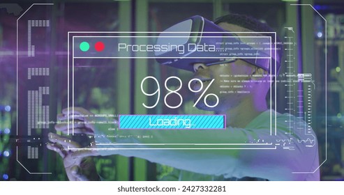 Image of data processing, african american male it engineer in vr goggles and computer servers. Global computing and data processing concept digitally generated image.