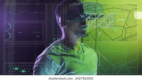 Image of data processing, african american male it engineer in vr goggles and computer servers. Global computing and data processing concept digitally generated image.