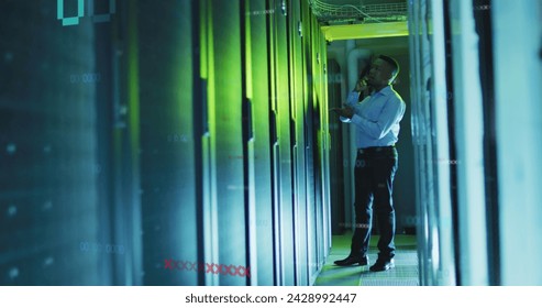 Image of data processing, african american male it engineer and computer servers. Global computing and data processing concept digitally generated image