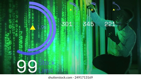 Image of data processing with african american it technician by computer servers. Global computing, digital interface and data processing concept digitally generated image.