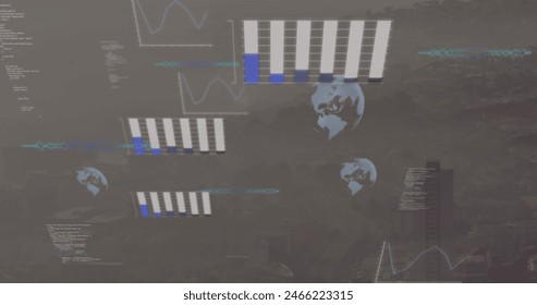 Image of data processing against aerial view of cityscape. Computer interface and business technology concept
