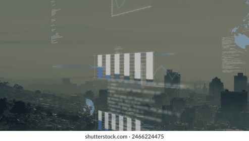 Image of data processing against aerial view of cityscape. Computer interface and business technology concept