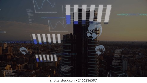 Image of data processing against aerial view of cityscape. Computer interface and business technology concept