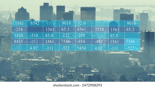 Image of data processing against aerial view of cityscape. Computer interface and business technology concept