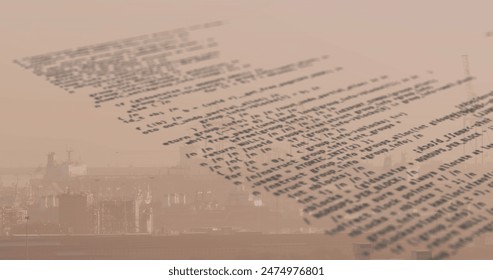 Image of data processing against aerial view of cityscape. Computer interface and business technology concept