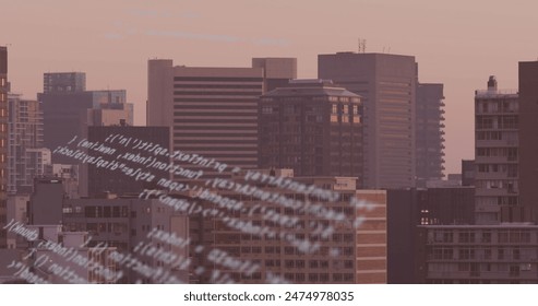 Image of data processing against aerial view of cityscape. Computer interface and business technology concept