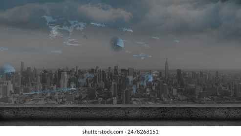 Image of data processing against aerial view of cityscape. Computer interface and business technology concept