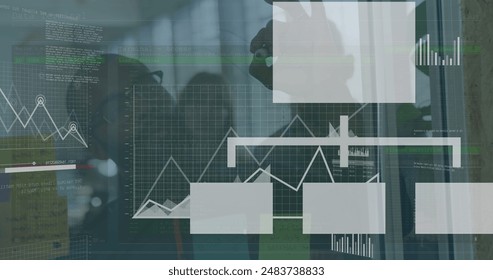 Image of data processing against african american man writing on glass board at office. Computer interface and business data technology concept