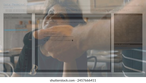 Image of data processing against caucasian senior woman making payment by credit card at cafe. Computer interface and business technology concept