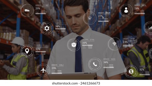 Image of data processing against caucasian male supervisor using digital tablet at warehouse. Future concept of supply chain and logistic network business