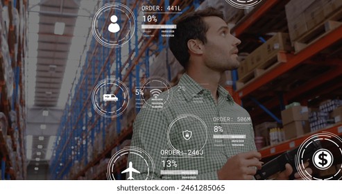 Image of data processing against caucasian male supervisor checking stock at warehouse. Future concept of supply chain and logistic network business - Powered by Shutterstock - Get 15% off with code: PIKWIZARD15