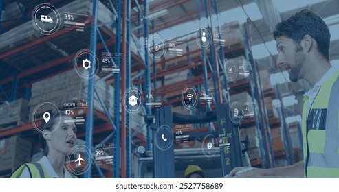 Image of data processing against caucasian male and female workers discussing at warehouse. Future concept of supply chain and logistic network business