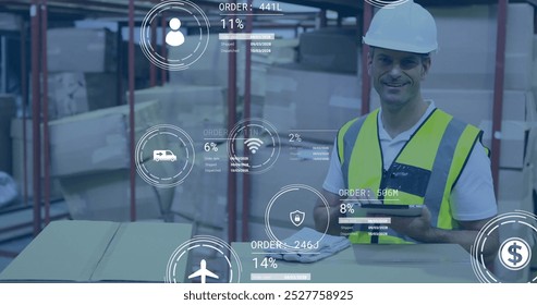 Image of data processing against caucasian male worker using tablet checking stock at warehouse. Future concept of supply chain and logistic network business - Powered by Shutterstock