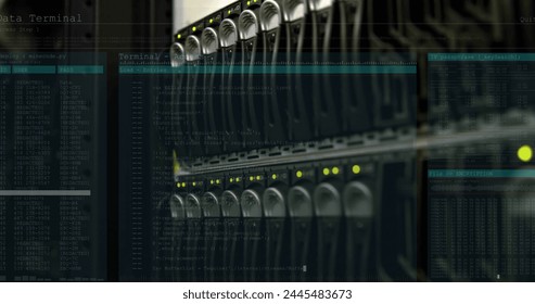 Image of data processing against close up view of a computer server. Computer interface and business data storage technology concept