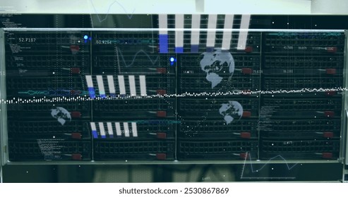 Image of data processing against close up of computer servers. Computer interface and business data storage technology concept