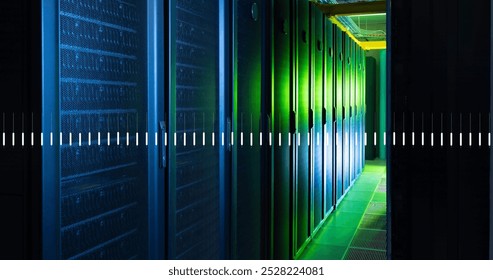 Image of data processing against computer server room. Computer interface and business data storage technology concept
