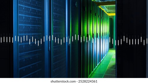 Image of data processing against computer server room. Computer interface and business data storage technology concept