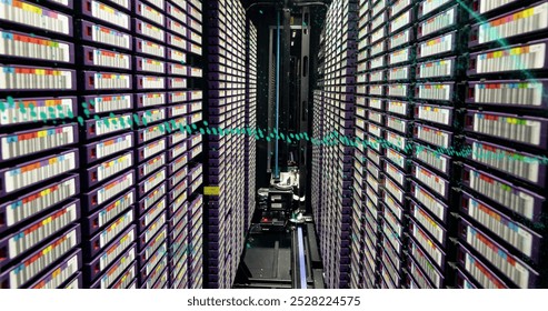 Image of data processing against computer server room. Computer interface and business data storage technology concept