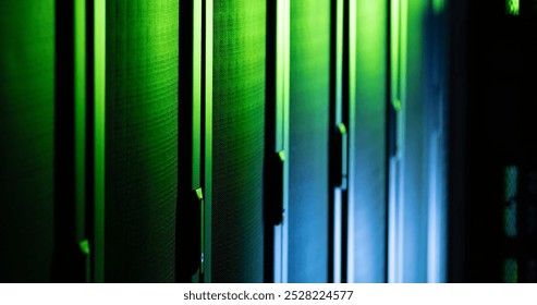 Image of data processing against computer server room. Computer interface and business data storage technology concept