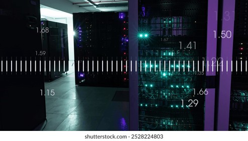 Image of data processing against computer server room. Computer interface and business data storage technology concept