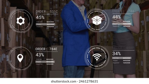 Image of data processing against diverse male and female supervisors discusssing at warehouse. Future concept of supply chain and logistic network business